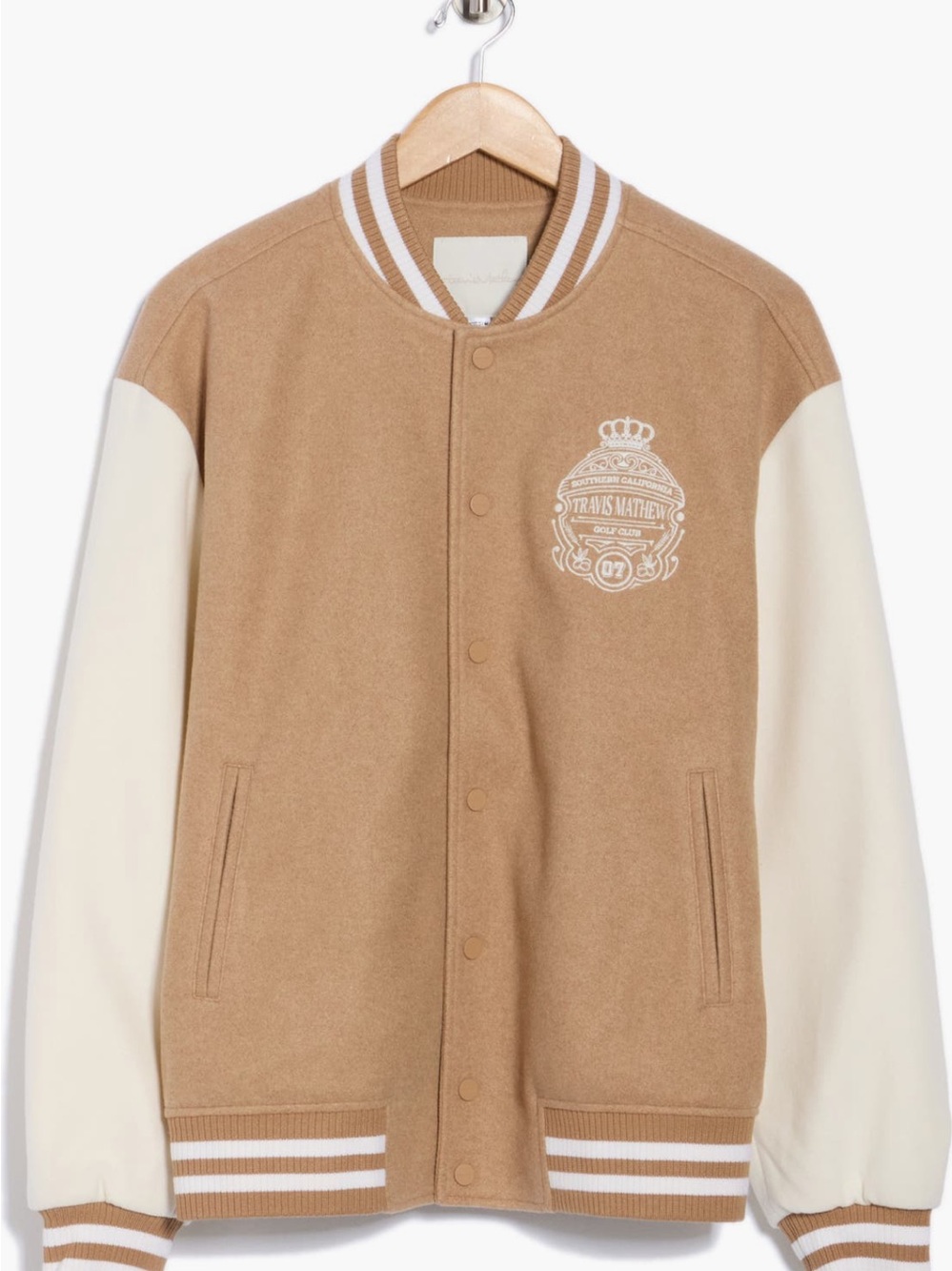 Travis Mathew Tan and Cream Varsity Jacket